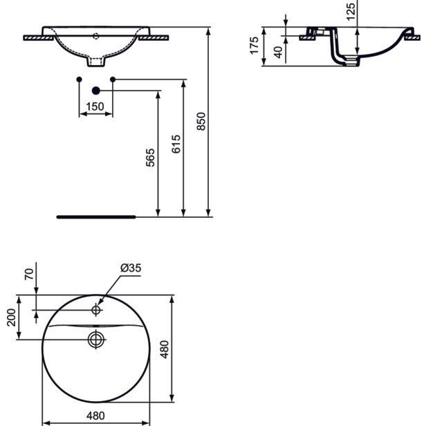 Ideal Standard - Einbauwaschtisch CONNECT, rund, 1Hl., m.Ül., 480x480x175mm, Weiß