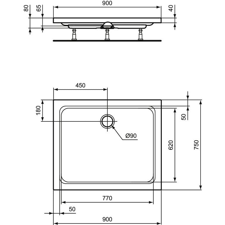 Ideal Standard - Rechteck-Brausewanne HOTLINE NEU, 900x750x80mm, Weiß