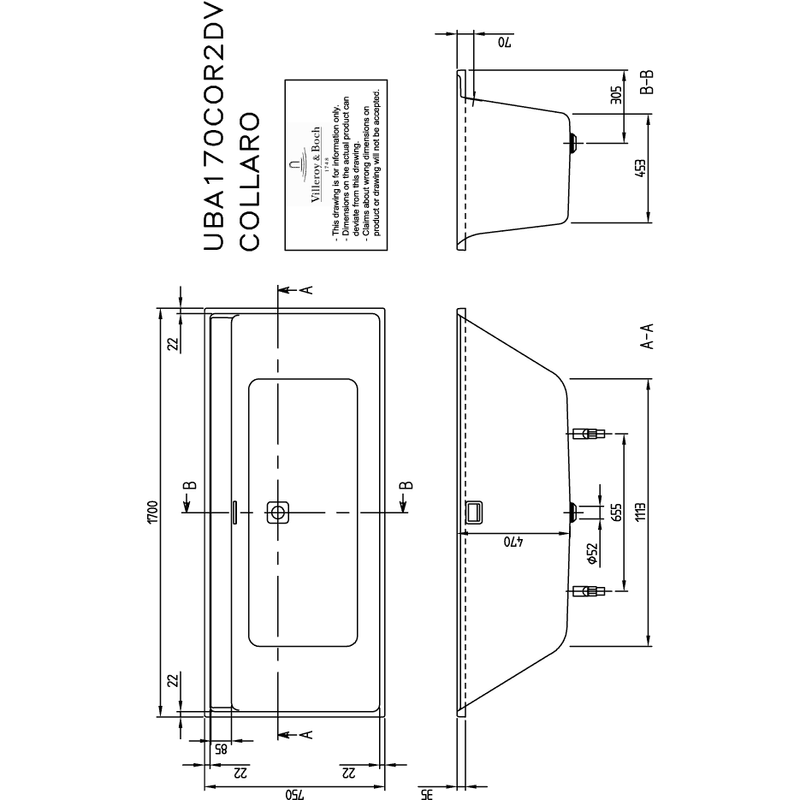 VILLEROY & BOCH - Badewanne Collaro 1700x750x620mm re-eckig m. System AP TP2 Stone White