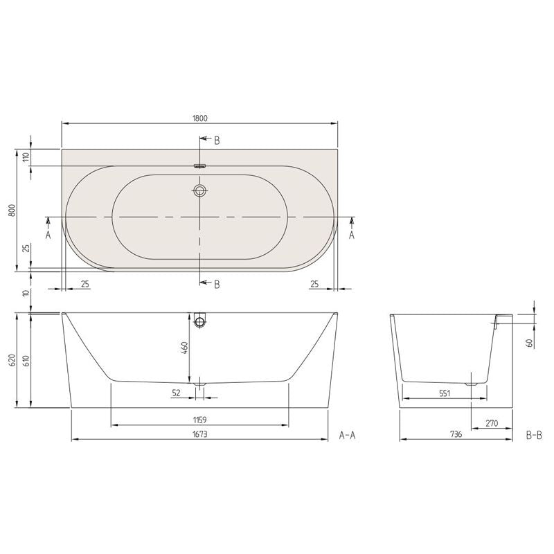 VILLEROY & BOCH - Quaryl-Rückwand-Badewanne A18 DUO 1800x800x460mm Schürze Ab-/Überlauf weiß