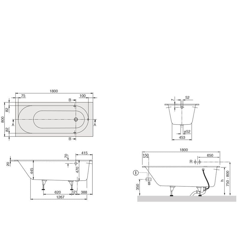 VILLEROY & BOCH - Quaryl-Badewanne A18 rechteck KF 1800x800x450mm mit Wannenfüßen weiß