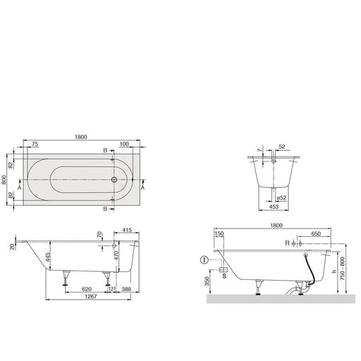 VILLEROY & BOCH - Quaryl-Badewanne A18 rechteck KF 1800x800x450mm mit Wannenfüßen weiß