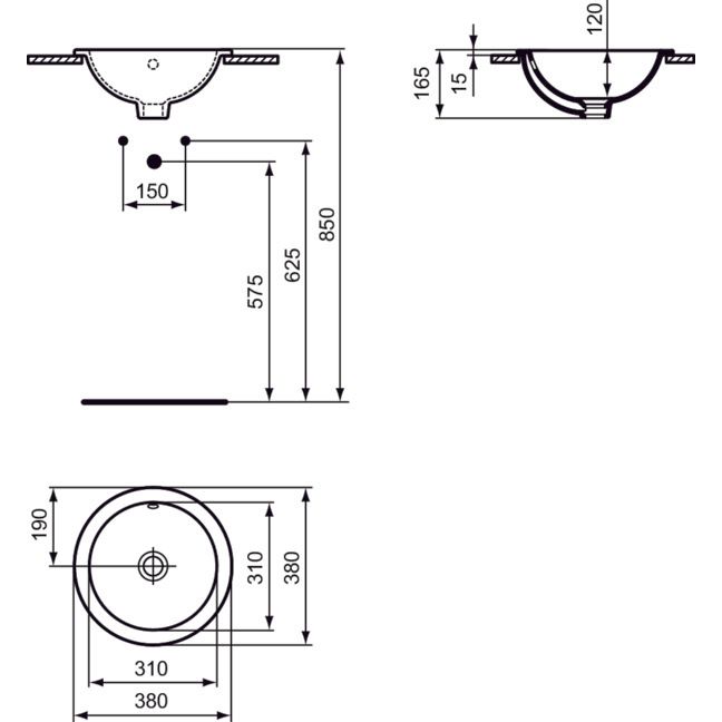 Ideal Standard - Einbauwaschtisch CONNECT, rund, o.Hl., m.Ül., 380x380x165mm, Weiß