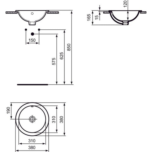 Ideal Standard - Einbauwaschtisch CONNECT, rund, o.Hl., m.Ül., 380x380x165mm, Weiß