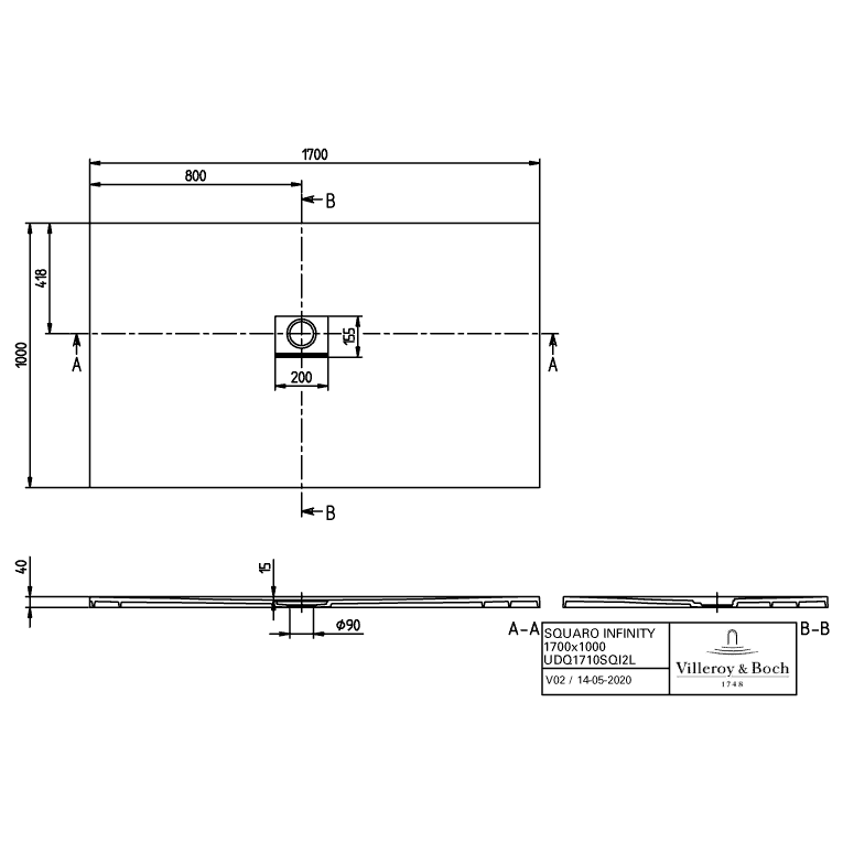 VILLEROY & BOCH - Duschwanne Squaro Infinity 1700x1000 x40mm re-eckig EB:li Stone White