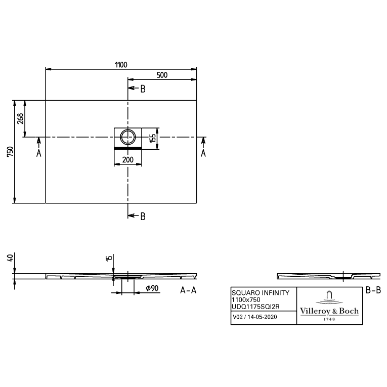 VILLEROY & BOCH - Duschwanne Squaro Infinity 1100x750x40mm re-eckig EB:re Grey