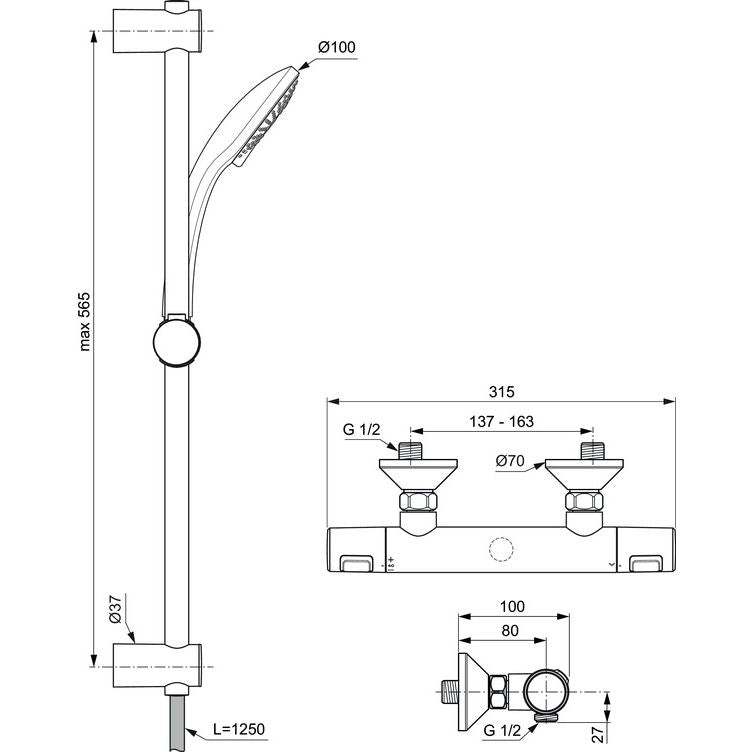 Ideal Standard - Brausetherm.AP CERATHERM25,Ausld80mm, m.Brausegarnitur, Br.Stg.60mm, Chrom