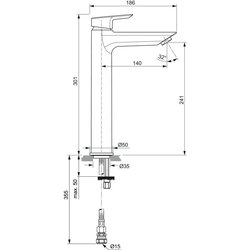 Ideal Standard - Waschtischarmatur TESI,m.verl.Sockel, 5 l/min., o.Ablgarn., Ausld.140mm, Chrom