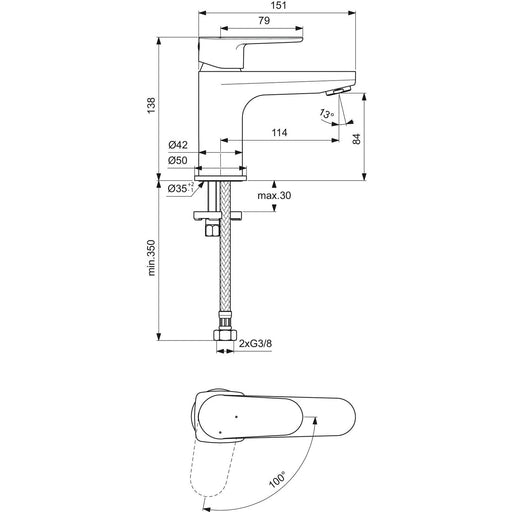 Ideal Standard - Waschtischarmatur CERAFINE O, H80, BlueStart, o.Ablgarn., Ausld.114mm,Chrom