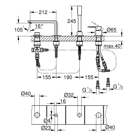 Grohe - 4-Loch-EH-Wannenkombination Lineare 19577_1 hard graphite gebürstet