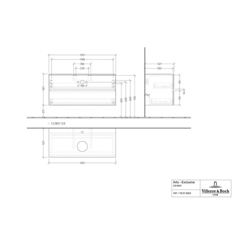 VILLEROY & BOCH - Konsolen-Unterschrank 1200mm f AWT 2 Ausz 1 Aussch mLB C518H1 RH Oak Kansas