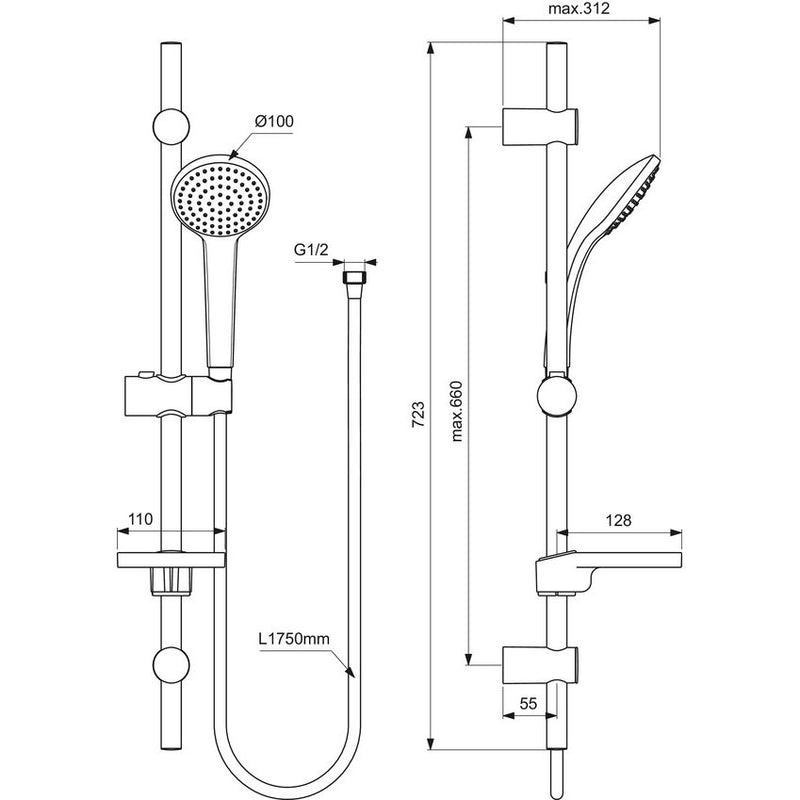 Ideal Standard - Brausekombination 720mm IDEALRAIN B9418 1-Funktionshandbrause 100mm chrom