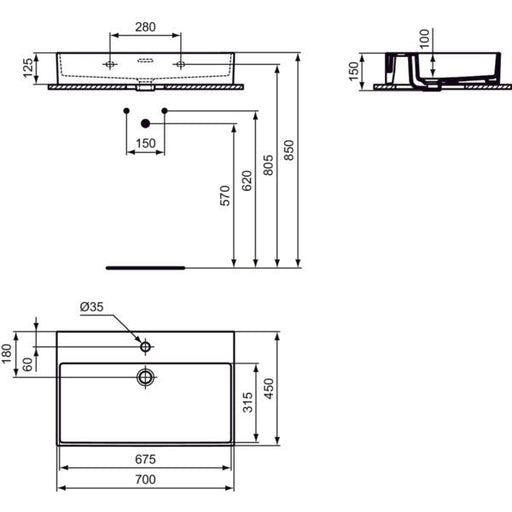 Ideal Standard - Waschtisch EXTRA, 1 Hl., m.Ül., 700x450x150mm, geschliffen, Weiß m.IP