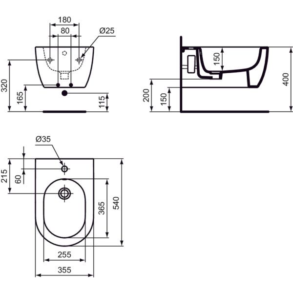 Ideal Standard - Wand-Bidet BLEND Round, 1 Hl., 355x540x250mm, Weiß mit IdealPlus