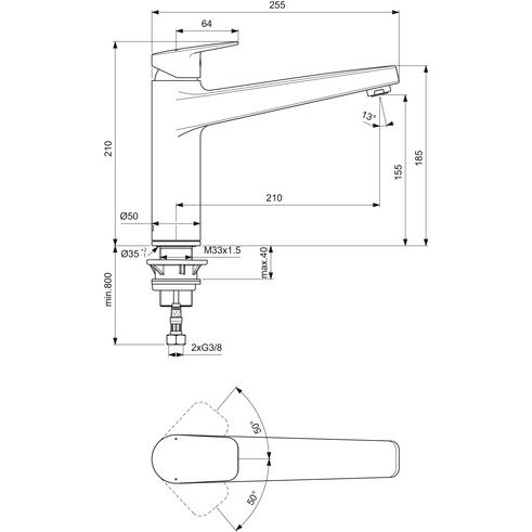 Ideal Standard - Küchenarmatur CERAPLAN m.h.Auslauf Ausld.210mm Vorfenstermontage Chrom