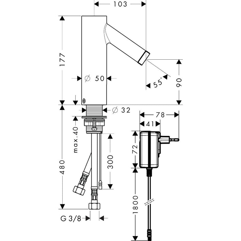 Hansgrohe - Elektronik Waschtischmischer Starck 10140800 edelst. Netzanschl. 230V