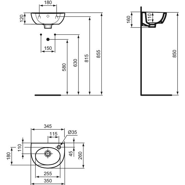 Ideal Standard - Handwaschbecken EUROVIT, 1 Hl.rechts, m.Ül., 350x260x160mm, Weiß