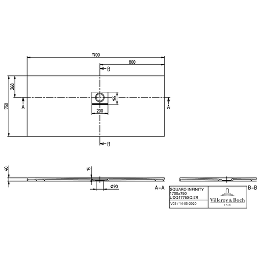 VILLEROY & BOCH - Duschwanne Squaro Infinity 1700x750x40mm re-eckig EB:re Anthracite