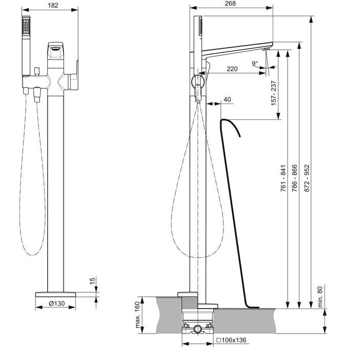 Ideal Standard - freistehende Wannenarmatur TONIC II, Bausatz 2, m.Stick-HB, Ausld.220mm,Chrom