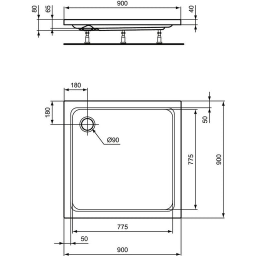 Ideal Standard - Rechteck-Brausewanne HOTLINE NEU, 900x900x80mm, Weiß