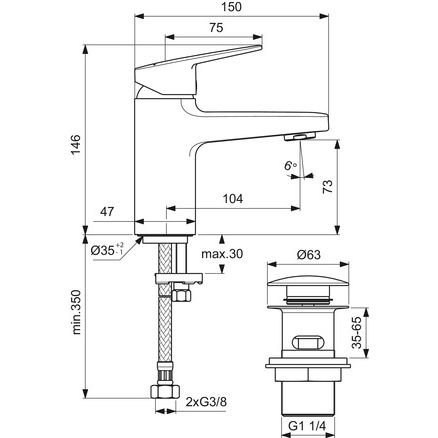 Ideal Standard - Waschtischarmatur CERAPLAN H75 m.Push-Open Ausld.103mm Chrom