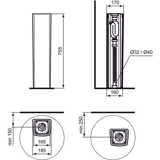 Ideal Standard - Standsäule CONCA, für Schalen eckig, 185x170x755mm, Weiß