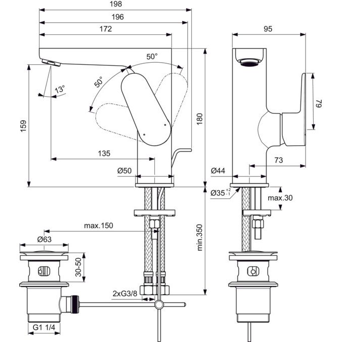 Ideal Standard - Waschtischarmatur CERAFINE O, H155, m.Ablgarn., Ausld.136mm, Chrom