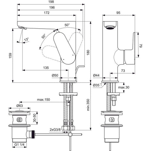 Ideal Standard - Waschtischarmatur CERAFINE O, H155, m.Ablgarn., Ausld.136mm, Chrom