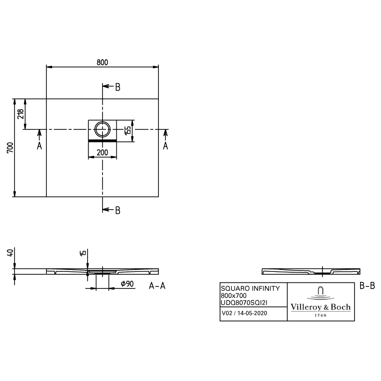 VILLEROY & BOCH - Duschwanne Squaro Infinity 800x700x40mm re-eckig Anthracite
