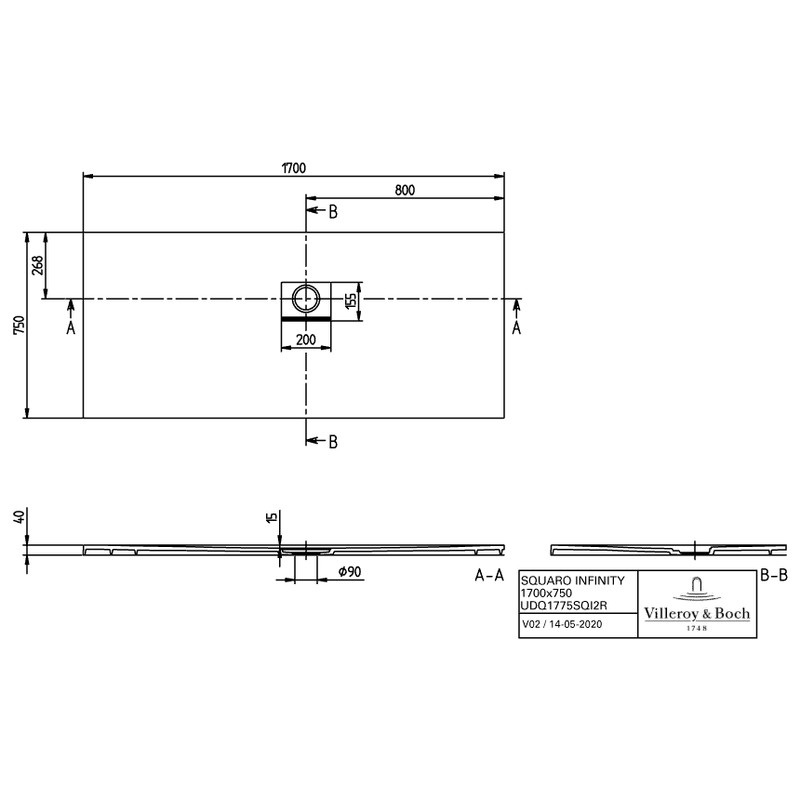 VILLEROY & BOCH - Duschwanne Squaro Infinity 1700x750x40mm re-eckig EB:re Stone White