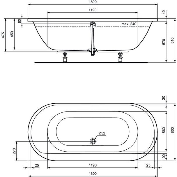 Ideal Standard - Oval-Badewanne CONNECT AIR, 1800x800x475mm, Weiß