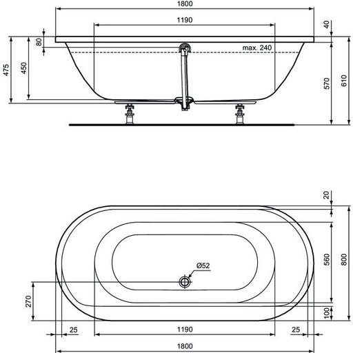 Ideal Standard - Oval-Badewanne CONNECT AIR, 1800x800x475mm, Weiß