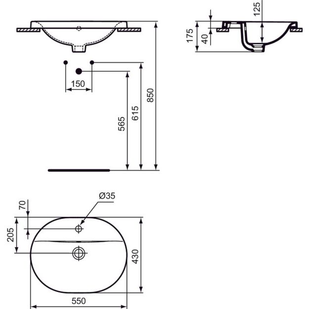 Ideal Standard - Einbauwaschtisch CONNECT, oval, 1Hl., m.Ül., 550x430x175mm, Weiß