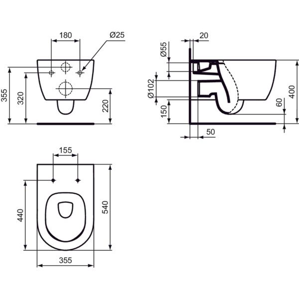 Ideal Standard - Wandtiefspül-WC BLEND Round, AquaBlade, 360x545x340mm, Weiß