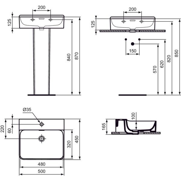 Ideal Standard - Waschtisch CONCA, 1 Hl., m.Ül., 500x450x165mm, geschliffen, Weiß m.IP