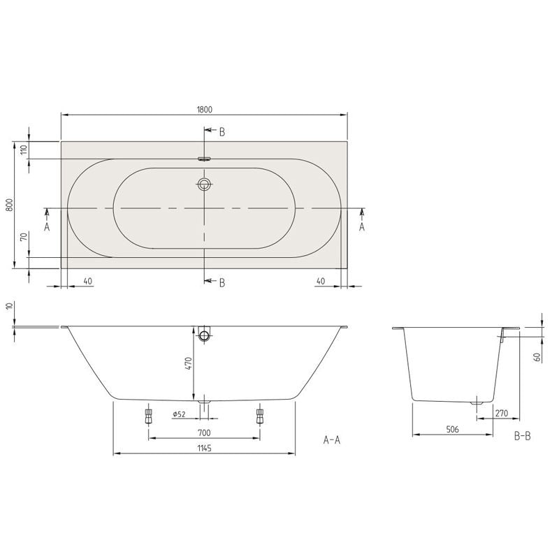 VILLEROY & BOCH - Quaryl-Badewanne A18 rechteck DUO 1800x800x470mm Füße Ab-/Überlaufgrt weiß