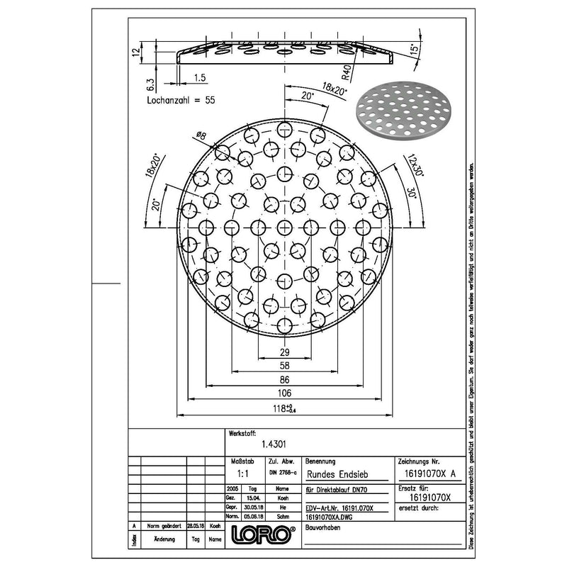 Lorowerk - Endsieb 16191. DN 70 f.Serien G/I f.obere Balkone