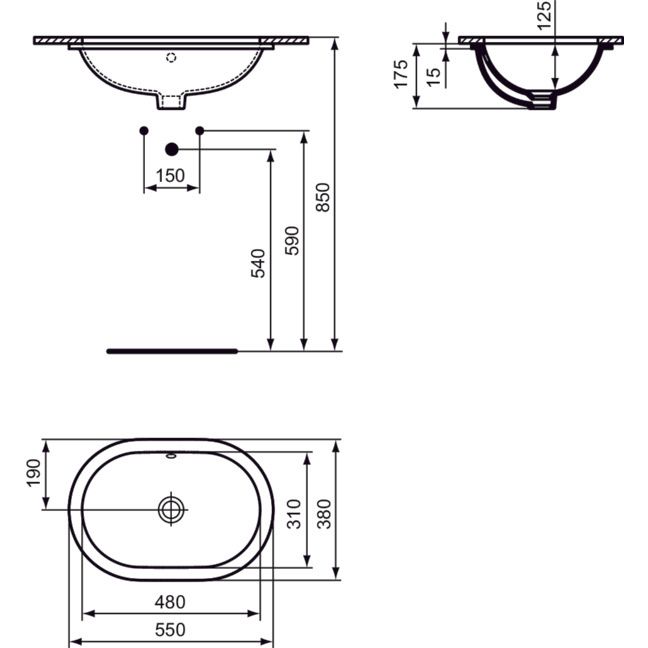 Ideal Standard - Unterbauwaschtisch CONNECT, oval, o.Hl., m.Ül., 550x380x175mm, Weiß
