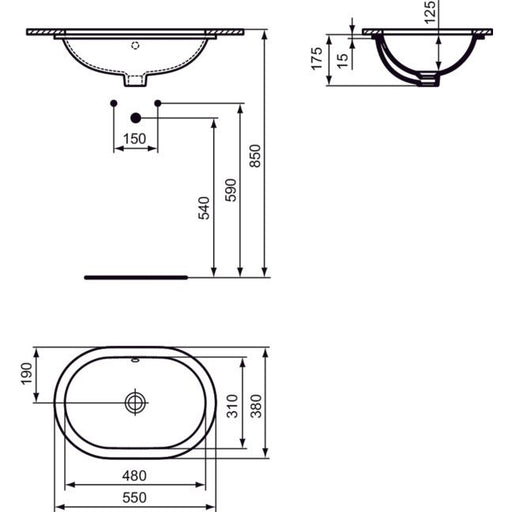 Ideal Standard - Unterbauwaschtisch CONNECT, oval, o.Hl., m.Ül., 550x380x175mm, Weiß