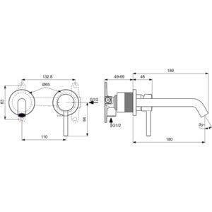 Ideal Standard - Wand-WT-Armatur UP CERALINE,Bausatz2, 2 Rosetten d: 83mm, Ausld.202mm, Chrom