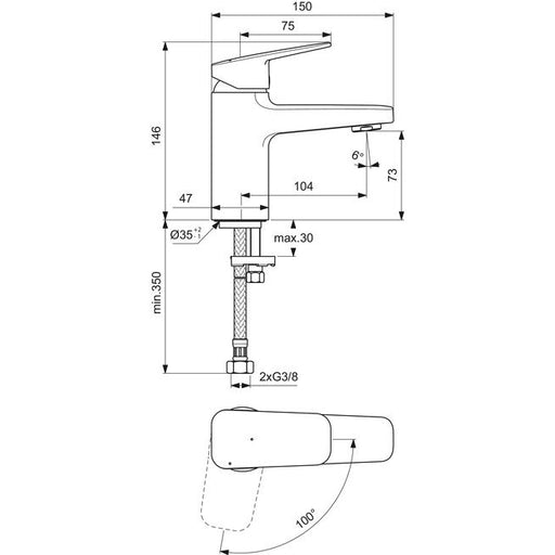 Ideal Standard - Waschtischarmatur CERAPLAN H75 o.Ablaufgarn. Ausld.103mm BlueStart Chr