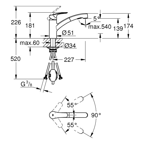 Grohe - EH-SPT-Batterie EUROSMART 30305_1 fl. Auslauf azb. Dual-Spülbrause chrom