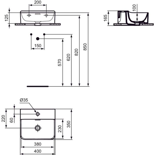 Ideal Standard - Handwaschbecken CONCA, 1 Hl., m.Ül., 400x350x165mm, Weiß
