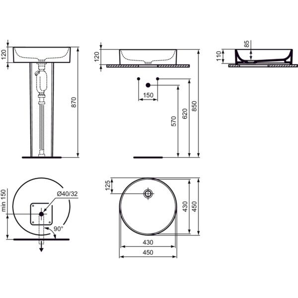 Ideal Standard - Schale CONCA, o.Hl., o.Ül., rund, 450x450x110mm, Weiß mit IdealPlus