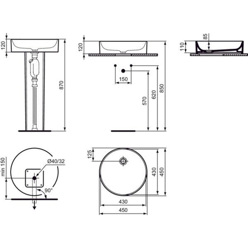 Ideal Standard - Schale CONCA, o.Hl., o.Ül., rund, 450x450x110mm, Weiß mit IdealPlus