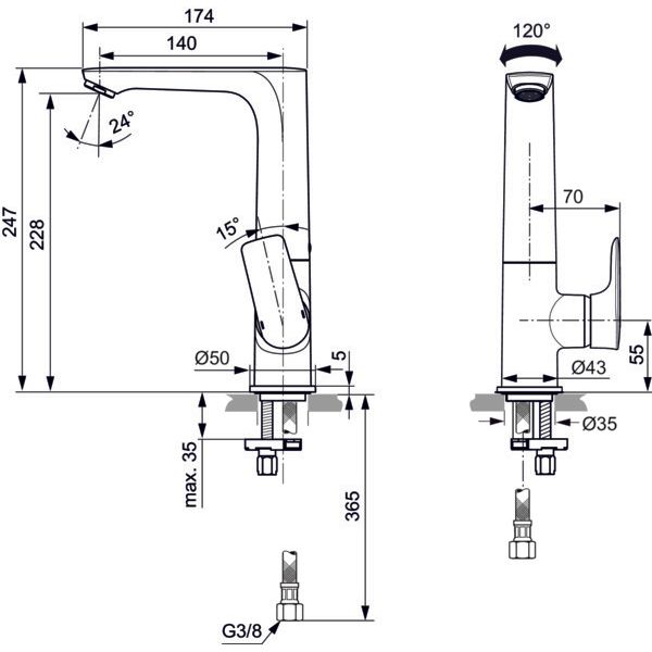 Ideal Standard - WT-Arm.CONNECT AIR,5l/min,o.Ablgarn., m.h.schwenkb.Ausl.,Ausld.140mm,Sund.gold