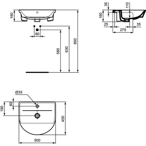 Ideal Standard - Halbeinbauwaschtisch CONNECT AIR ARC, 1 Hl., m.Ül., 500x450x160mm, Weiß