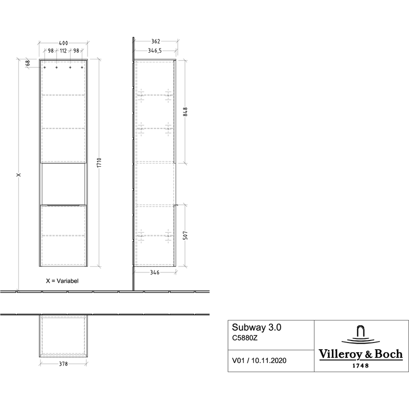 VILLEROY & BOCH - HS 400x1710x346 mm 2türig off.Fach Kansas Oak