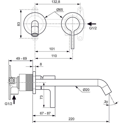 Ideal Standard - Wand-Waschtischarmatur JOY, BS2, runde Rosette, Ausld.225mm, Silver Storm