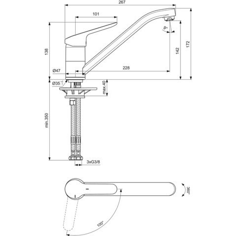 Ideal Standard - Küchenarmatur CERAFLEX, ND, m.Rohrausl., Ausld.228 mm, Chrom